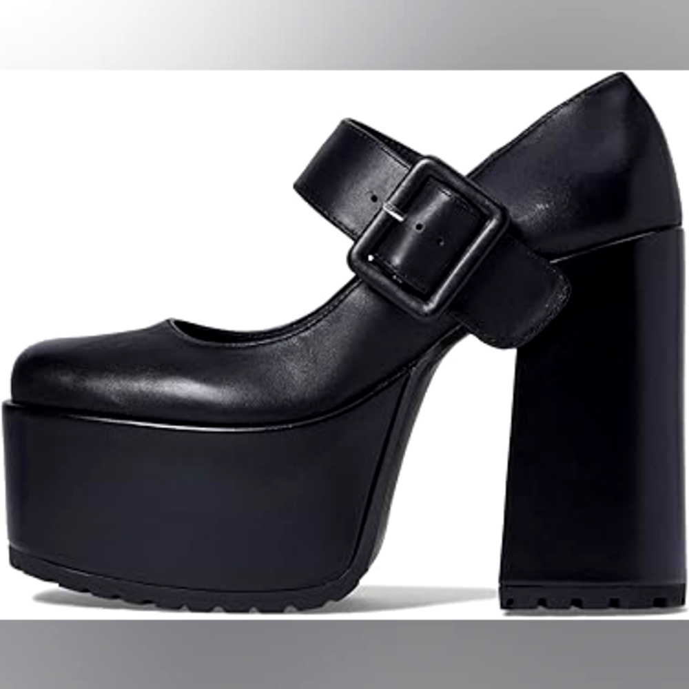 Steve Madden Cadin Heeled Black Leather Mary Jane Platform Heels Wednesday 6.5